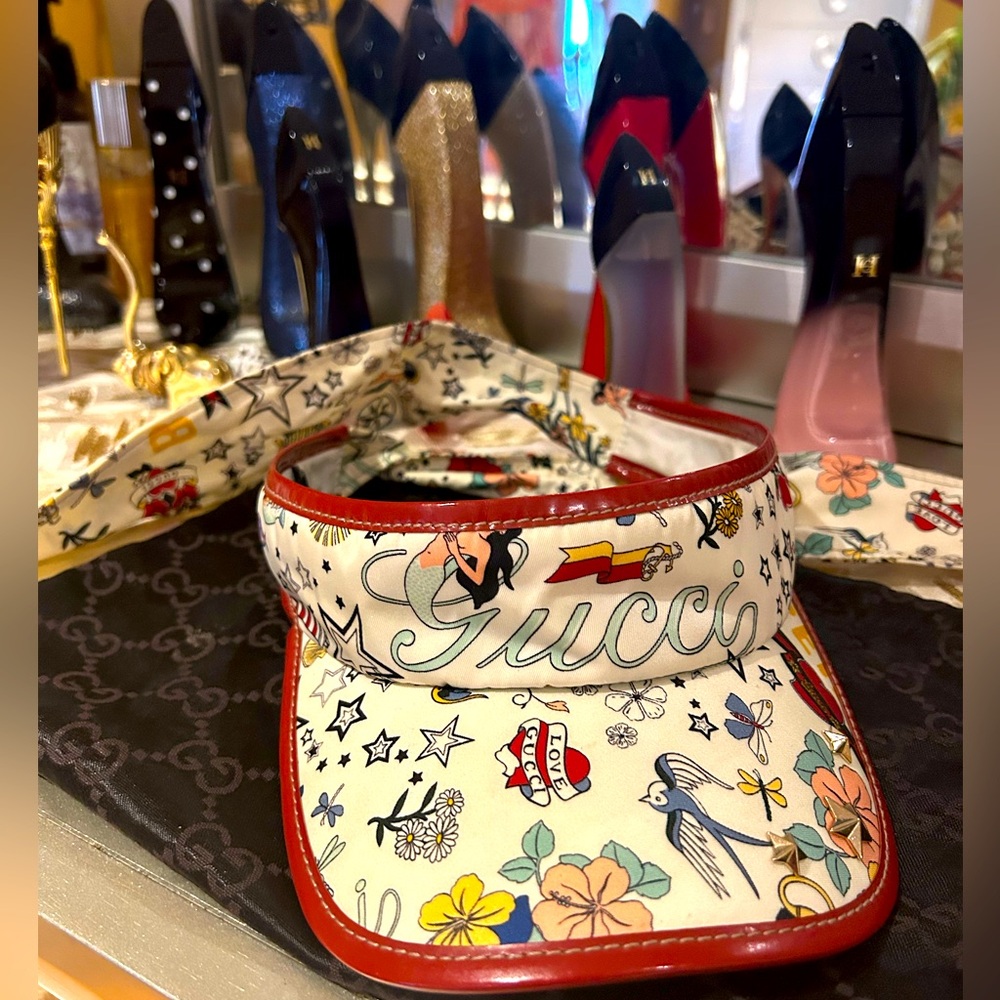 SUPER RARE GUCCI Vintage Mermaid Tattoo Stars Tie Visor! TODAY ONLY!